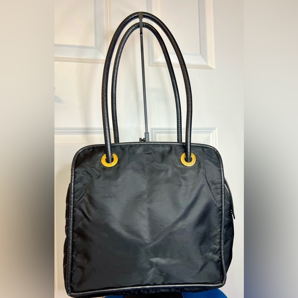 Celine Round Logo Nylon Tote Bag - Black and Gold